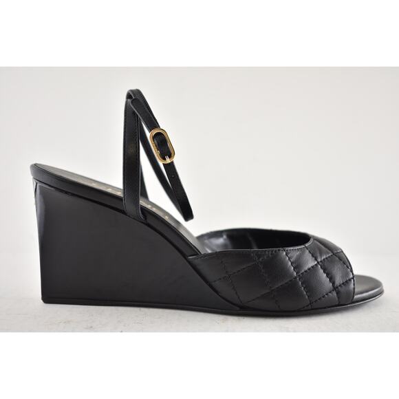 Chanel 24C Black Quilted Lambskin CC Crystal Logo Ankle Strap Sandal Wedge 38 - Picture 2 of 16